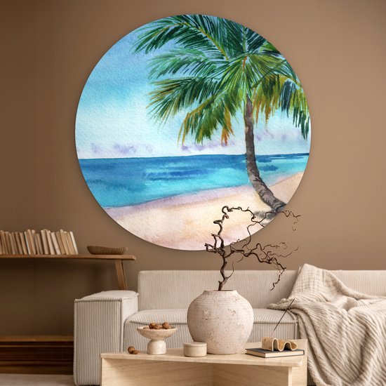 WallCircle® Wandcirkel 140x140 cm - Muurcirkel Zee - Palmboom - Strand - Muurdecoratie woonkamer - Wanddecoratie slaapkamer - Kamer decoratie accessoires - Ronde schilderijen