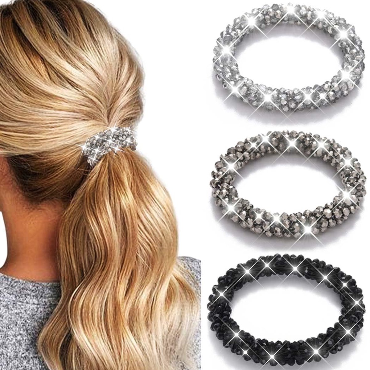 Strass haarelastiekje, zilverkleurig, elastische paardenstaarthouders, sprankelend, fancy haarbanden, rekbare haaraccessoires voor vrouwen, verpakking van 3 stuks