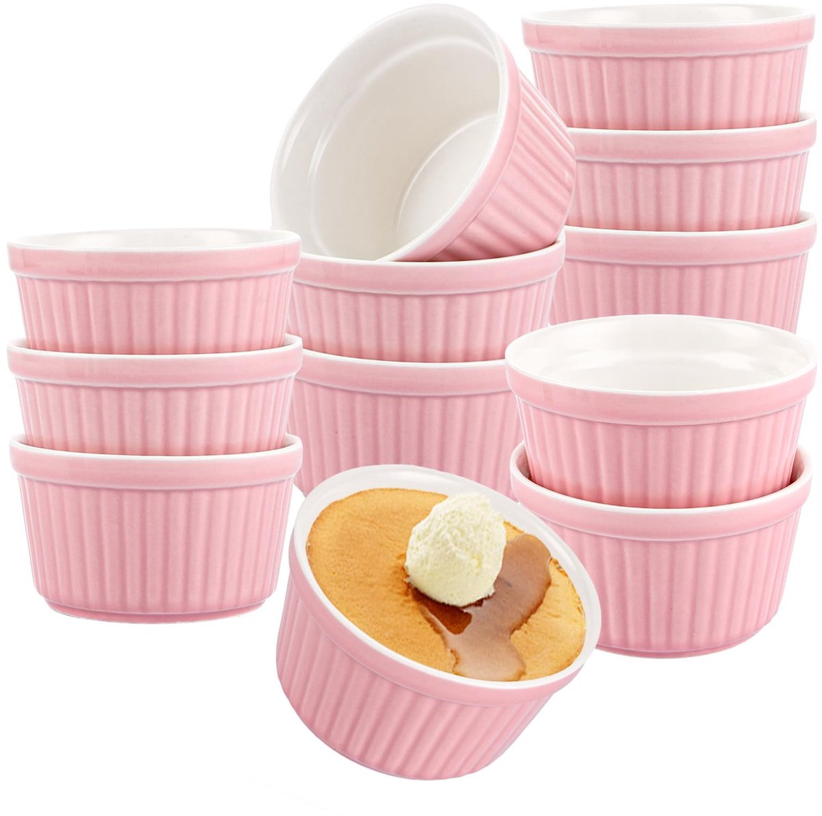 Crème brûléeschaaltjes, 200 ml, roze, keramische souffle vormpjes, ovenbestendig, ovenvaste vormpjes voor dessert en muffins, ragout vin-schalen, crème brûléeschalen, souffleevormpjes, rond, Ø
