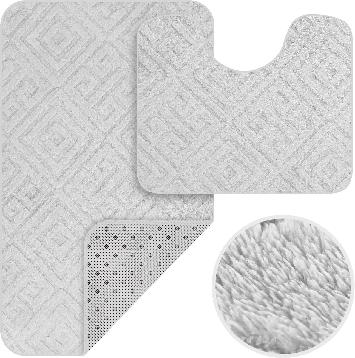 Badmatten set 2-delig antislip Badvoorlegger Badmat Zacht Pluche Badkamer Tapijt, 60 x 100 cm Badmat + 60 x 50 cm WC-mat met uitsparing, Zilvergrijs, 2BF