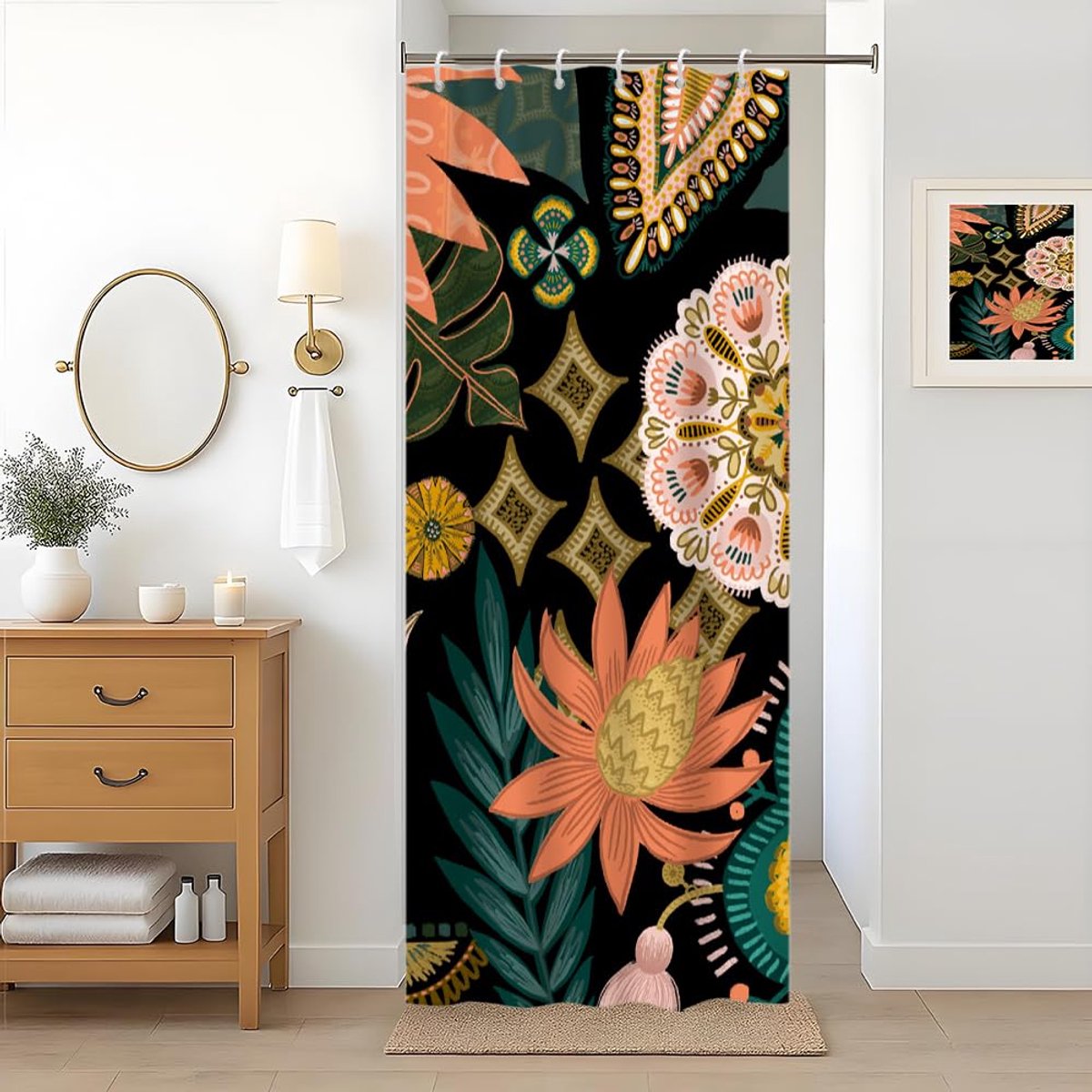 Douchegordijn, boho-stijl, abstract, bloemen, roze, groen, bladeren, smal douchegordijn, anti-schimmel, waterdicht, polyester stof, wasbaar, ondoorzichtig, badgordijn met 6 haken, 90 x 180 cm