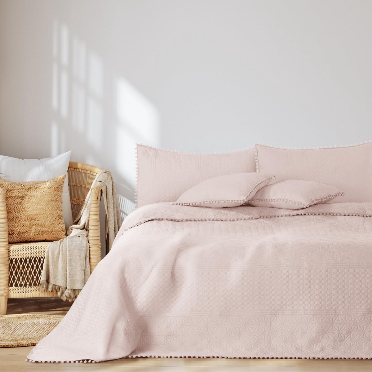 Sprei met pompons 200x220 cm bedsprei dubbelzijdig ultrasoon stiksel polyester Meadore poederroze