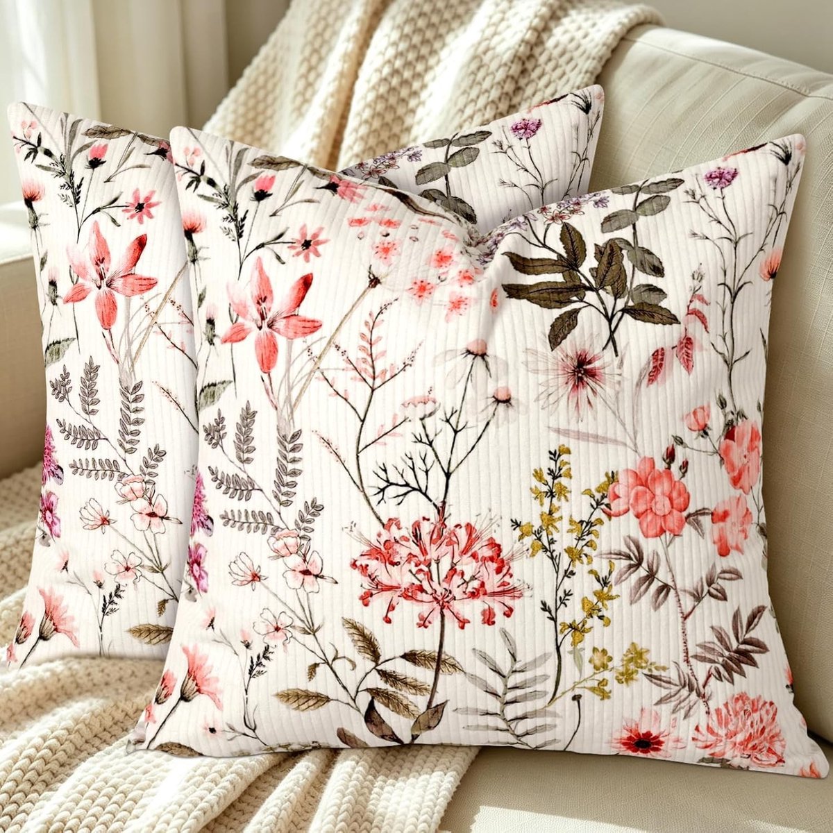 Set van 2 Decoratieve Kussenslopen 45 x 45 cm in Wit Corduroy met Bloemen en Strepen voor Boho Woonkamer Decoratie