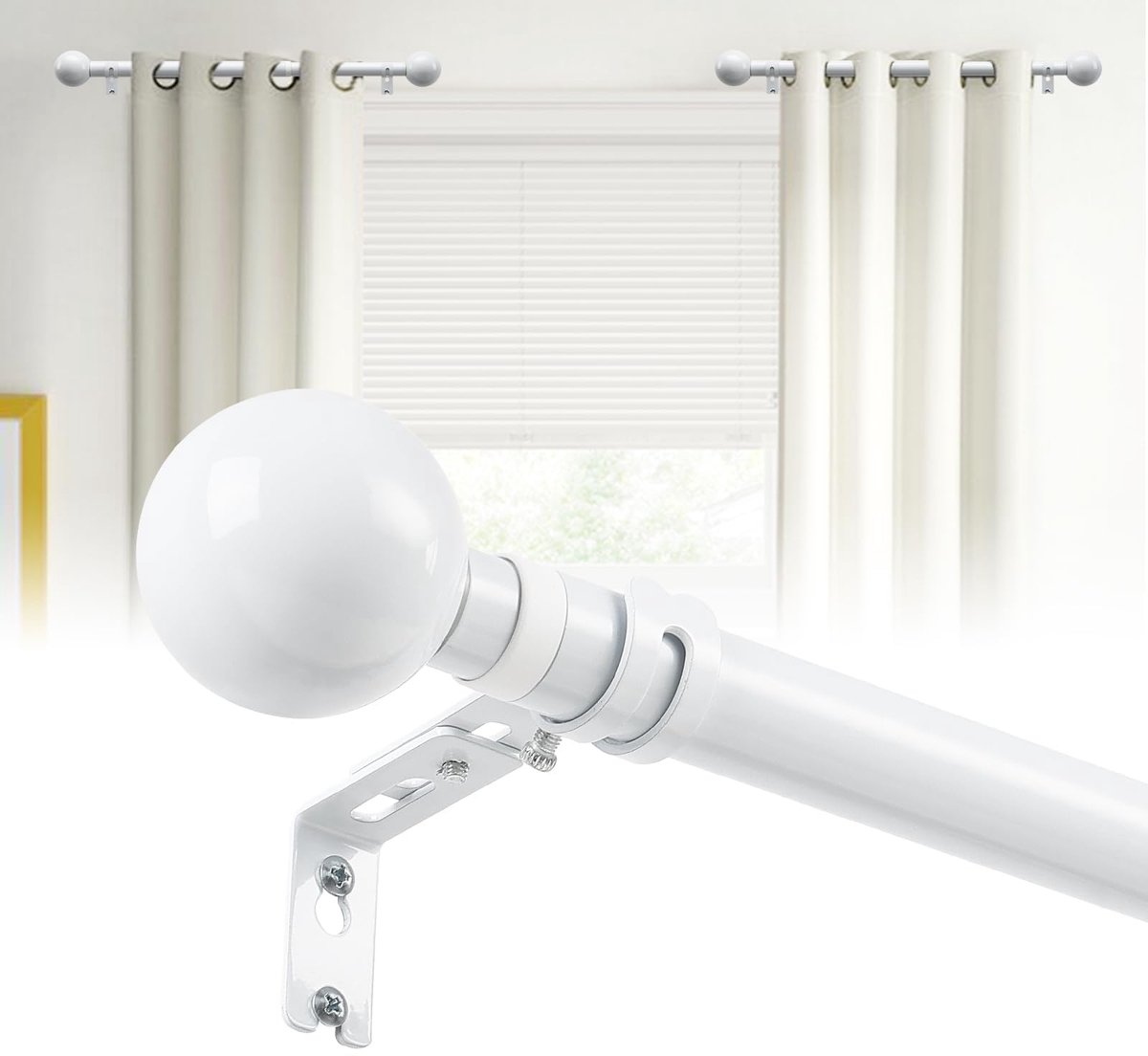 Gordijnroede, wit, 24 mm, met decoratief eindstuk, 2 stuks, 30-50 cm, stabiele gordijnroedeset, zilveren gordijnrail, gordijnroede, roestvrij staal, voor zijramen, slaapkamer, woonkamer