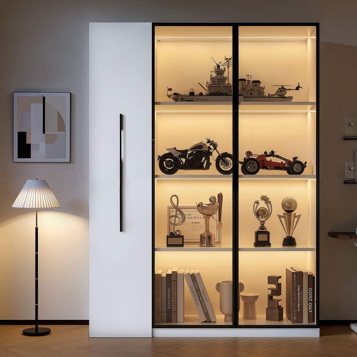 KOMHTOM Boekenkast 110,5x35x160cm - Vitrinekast met Glazen Deuren en LED - Uittrekbare Zijlades - Hoge Kast Woonkamer Kantoor - Wit Franse Stijl - Opbergkast met Planken - Eetkamer Badkamer - Industrieel Design Hout Metaal