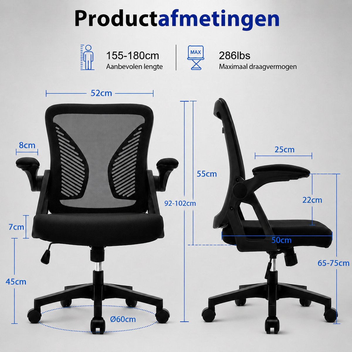 Milacyee Bureaustoel - Ergonomische Bureaustoel - Office Chair - Bureaustoelen voor Volwassenen - Computerstoel met Mesh Rugleuning & Lendensteun - 90° Opklapbare Armleuningen - Stille Wieltjes - Tot 102 kg, Zwart - Geschikt voor Thuiswerk en Kantoor – foto 8