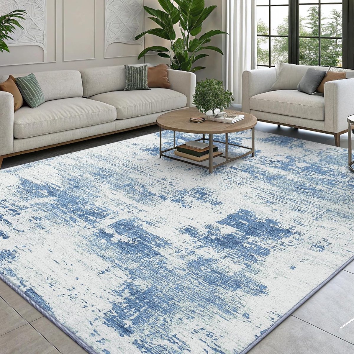 Vloerkleden woonkamer 200x280cm, machinewasbaar antislip kortpolig tapijt, duurzaam kunstwol tapijt voor slaapkamer, eetkamer, thuiskantoor, ivoor blauw