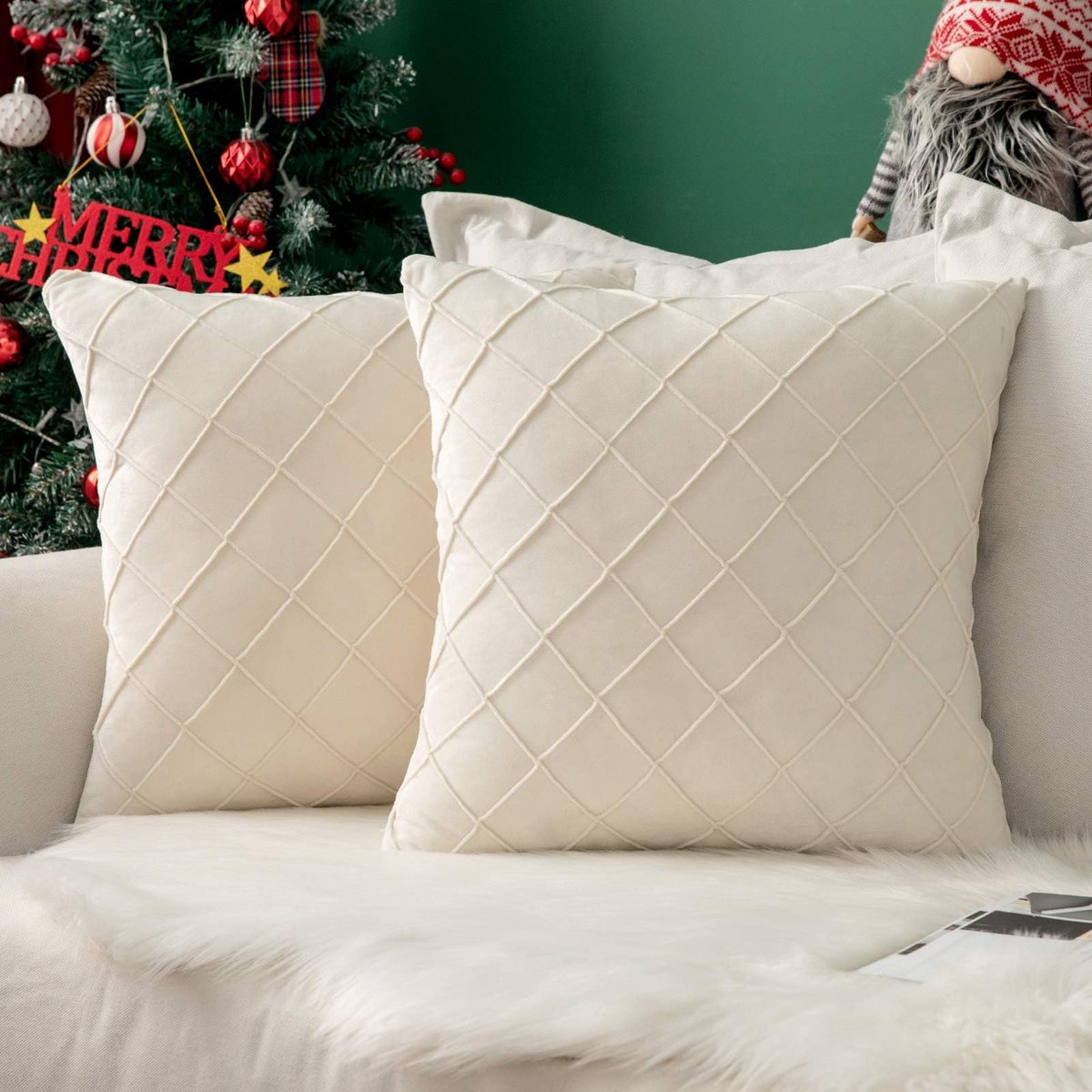 Set van 2 fluwelen kussenhoezen, vierkant patroon, decoratieve kussenovertrek, superzacht, voor woonkamer, slaapkamer, bank, crème, 50 x 50 cm