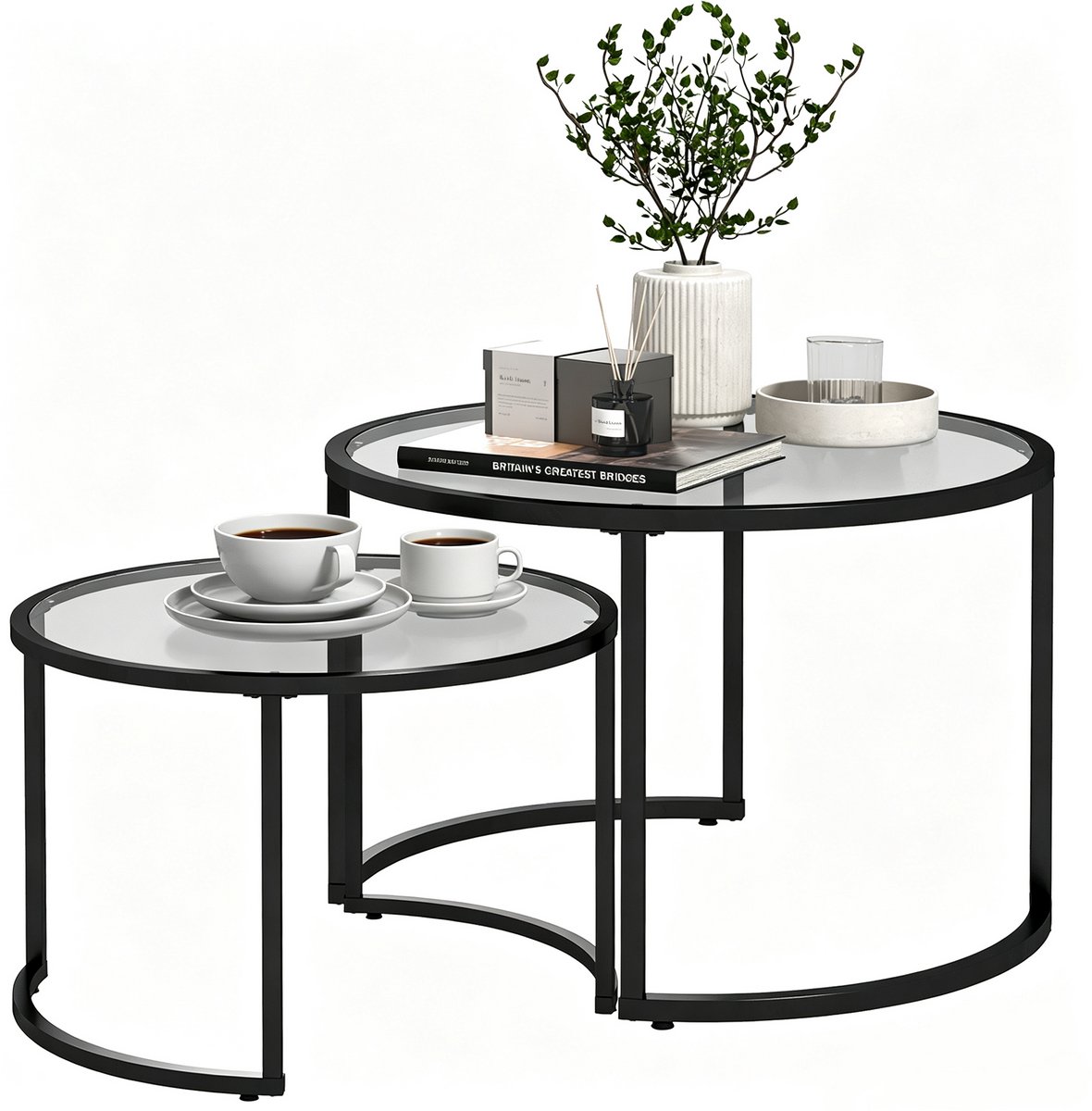 ECTEATOY® Salontafel Set van 2 - Ronde Bijzettafels - Gehard Glas en Zwart Metaal - Koffietafel - Ø 70/54 cm