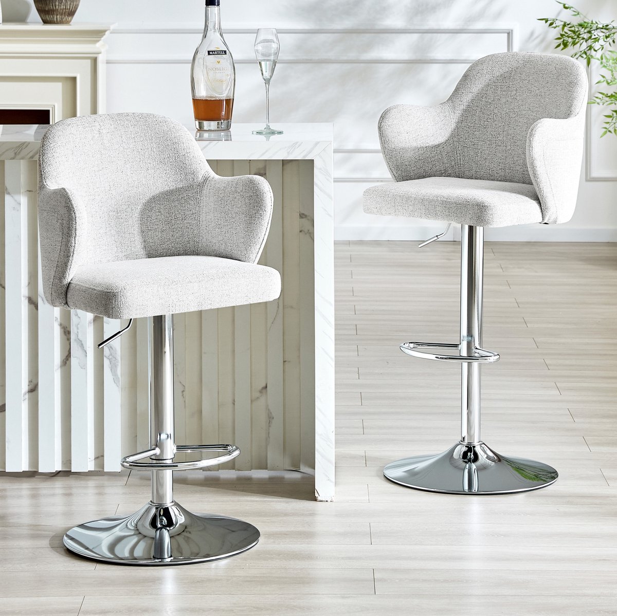 MIVRAY Barkruk 50 x 64 x 97-118 cm - In Hoogte Verstelbaar en 360 Graden Draaibaar - Voor Keukeneiland en Bar - Stof Lichtgrijs