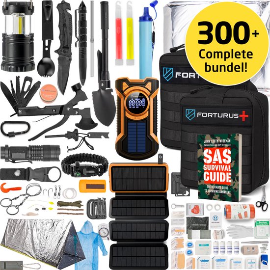Forturus® Compleet Noodpakket voor thuis - 24-72H bundel incl. Noodradio Solar Opwindbaar AM/FM - Trauma EHBO kit – Solar Powerbank 20.000 mAh - SAS Survival Gids - Volledig overlevingspakket voor rampen en stroomuitval