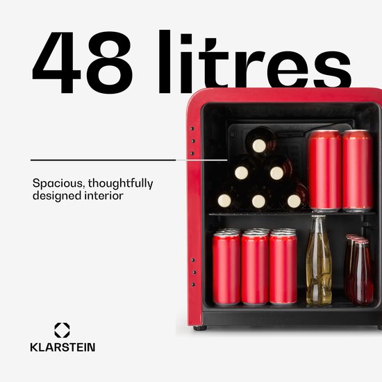 Klarstein PopLife Drankenkoeler - Minibar, Retro Koelkast, 0-10°C, slechts 39 dB, 48 L, milieuvriendelijk, dubbelwandige deur, retro design, rood van Klarstein — afbeelding 3