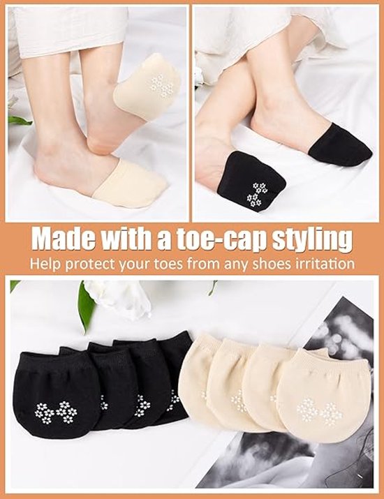 Damesvoeten met huidkleurige en zwarte teen-sokken, met siliconen antislip noppen en een versterkte teen.