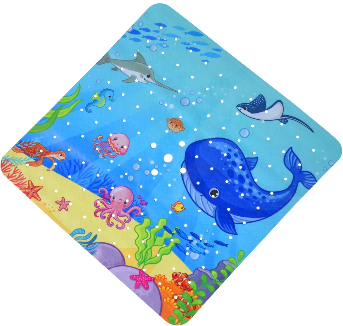 Antislip badmat, 53 x 53 cm Marine Animal World badmat, cartoon babybadmatten antislip met afvoergaten en zuignappen, machinewasbaar, badkamerbad antislipmatten, blauw