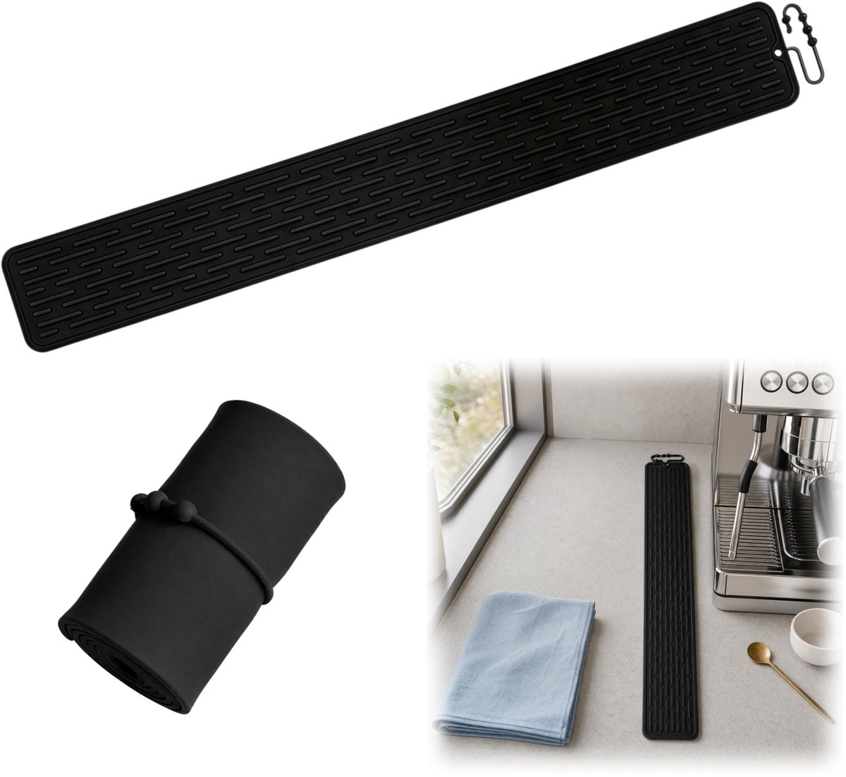Afdruipmat, siliconenmat van 70 x 9,5 cm, smalle afdruipmat die kan worden opgevouwen, ruimtebesparende siliconenmat, siliconenmat voor in de keuken en badkamer (Zwart)