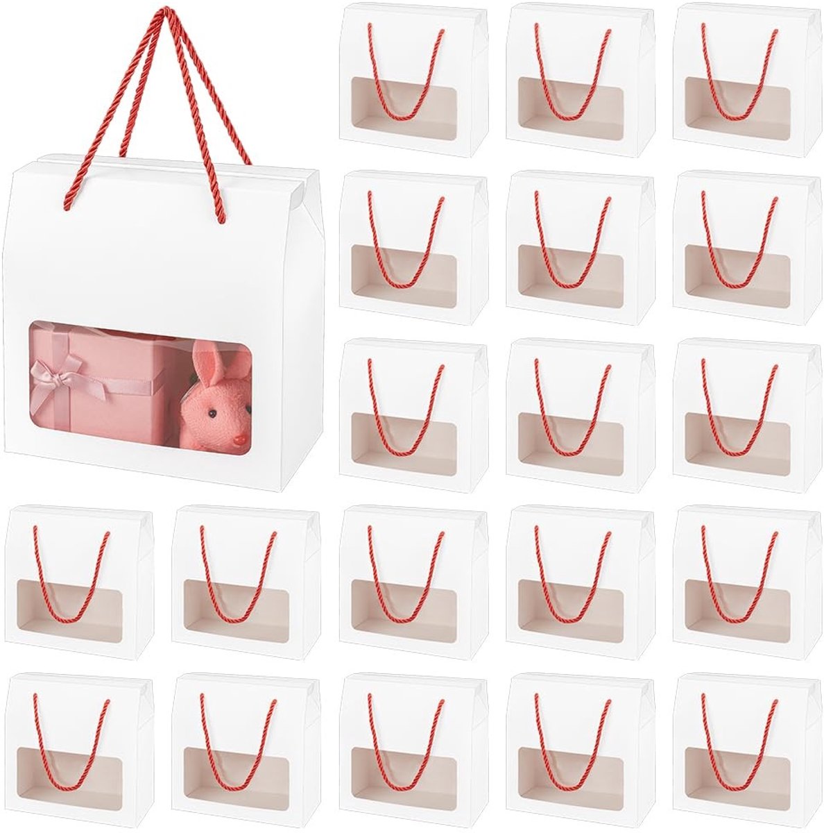 Dailygoods - BENECREAT 20 Pack Kraft Paper Box met handgrepen, 18x10x18cm/7,1x3,9x7,1 inch witte geschenkdozen met doorzichtig venster voor verpakking, detailhandel, feest, geschenken, bruiloft, bedrijf
