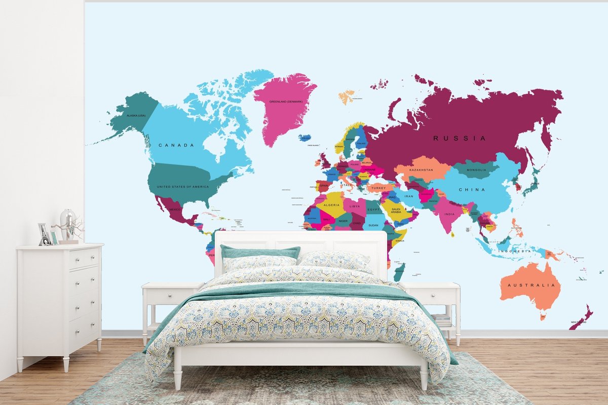 Behang - Fotobehang Wereldkaart - Trendy - Kleurrijk - Breedte 375 cm x hoogte 280 cm