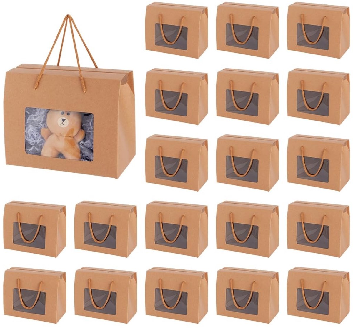 Dailygoods- Giftdozen 20 Packs - Kraftpapier - 20x16x11cm - Duidelijk Venster - Handgrepen - Verpakking - Duurzaam Materiaal - Verpakkingsdozen