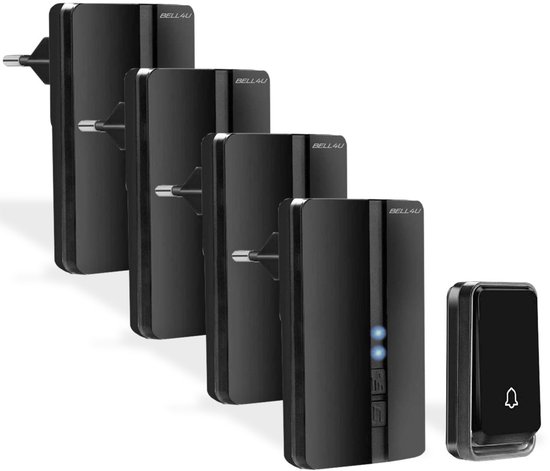 Vier zwarte plug-in ontvangers en één zwarte deurbelzender met bel-icoon.