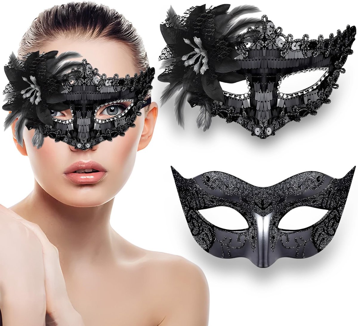 Dailygoods- Venetiaans Masker 2 Stuks - Zwart - Maskerade - Carnaval - Cosplay - Feest Masker - Verstelbaar met Satijnen Linten - Feestmasker