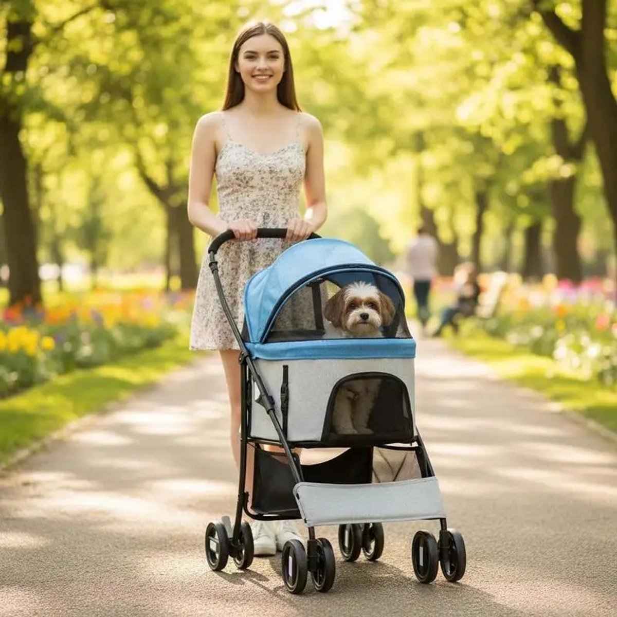 Dailygoods Opvouwbare hondenbuggy met 4-traps verstelbaar zonnekap en opbergmand - Blauw