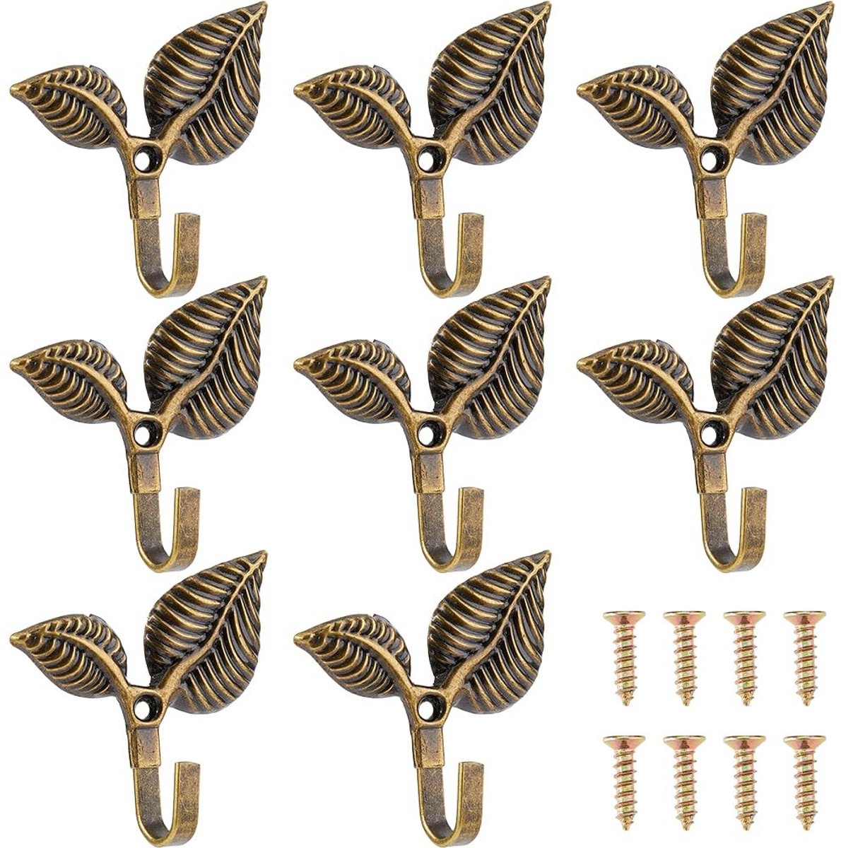 Dailygoods - 8 Stuks IJzeren Wandhaken met Bladmotief - Vintage Kledinghaken voor Wandmontage