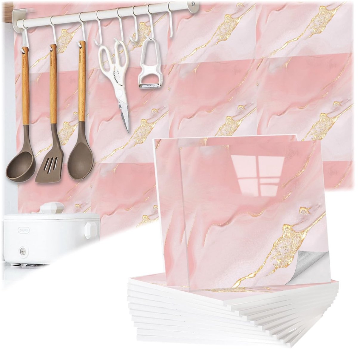 Dailygoods - Wandtegels, zelfklevend, 3D-tegelstickers, 12 stuks, wandpanelen, marmerlook, 30 x 30 cm, waterdicht en vuile afstotend, 4 kleuren voor badkamer, keuken en woonkamer (roze)