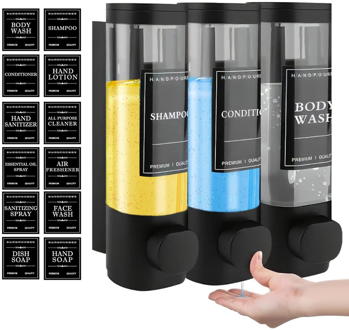 Dailygoods - Zeepdispenser voor wandbevestiging, set van 3 zeepdispensers voor douchegel of wandzeepreiniger, zeepdispenser voor thuis, badkamer, keuken