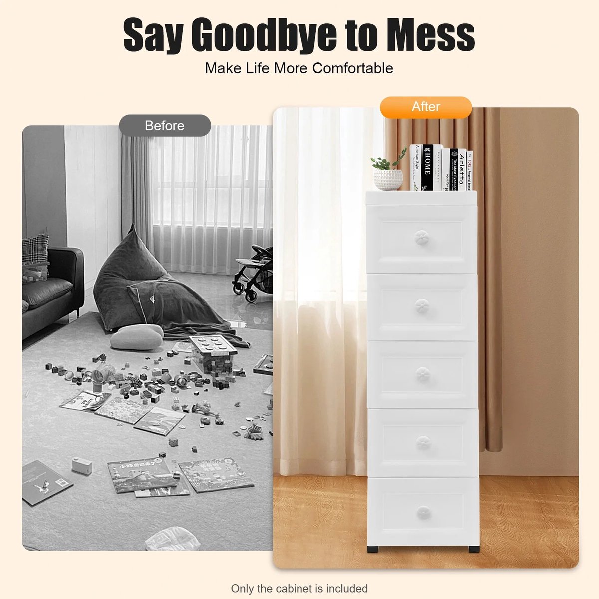 Dailygoods 5-laags witte afgesloten ladenkast, 25 cm hoge ladekast, metalen plank, opbergkast, antislip, ruimtebesparend