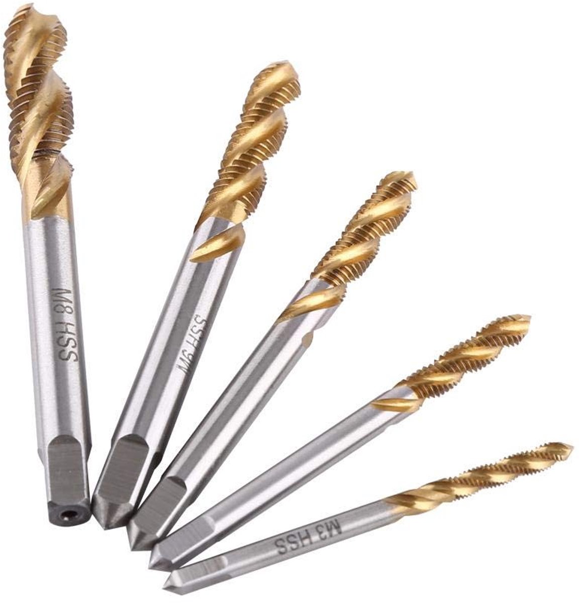 Dailygoods- Schroefdraadboor HSS - Set van 5 - M3/M4/M5/M6/M8 - Sneldraaistaal - Roestbestendig - Spiraalgroeven - Draadboor