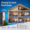 Dwarsdoorsnede van een huis met deurbelontvangers in slaapkamer, gang, woonkamer en keuken. "Overal in huis hoorbaar".