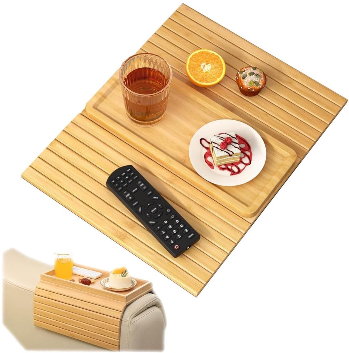 Dailygoods - 45,7 x 33,5 cm, armleuningplateau voor bank, armleuning, tafel, armleuningdienblad, natuurlijke bamboe bank, armleuninghouder, voor snacks, mobiele telefoon, bediening, mokken, flexibel en