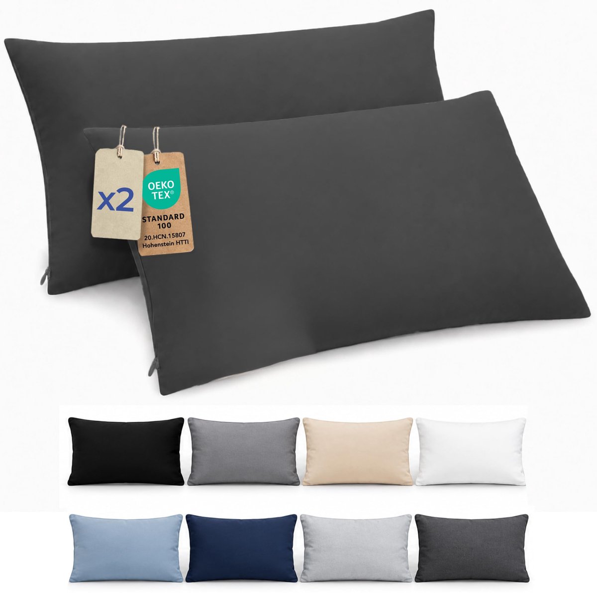 Kussensloop 50 x 70 cm, set van 2 - Kussensloop 50 x 70 cm van microvezel met ritssluiting - Donkergrijs kussensloop, Oeko-Tex