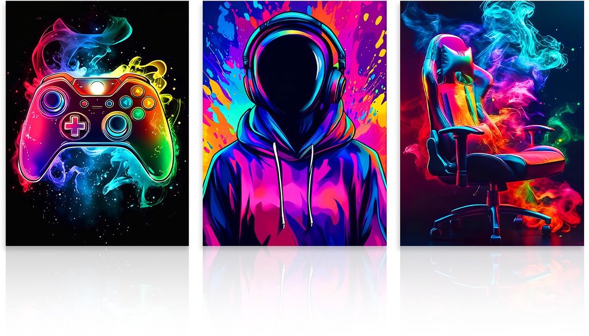 3 Stuks Neon Gamer Wanddecoratie Set, Levendige Rook Gaming Posters Voor Jongens Gameroom Slaapkamer 30x40 Cm Zonder Lijst