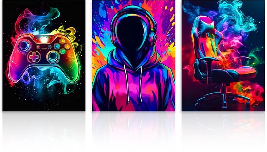 3 Stuks Neon Gamer Wanddecoratie Set, Levendige Rook Gaming Posters Voor Jongens Gameroom Slaapkamer 30x40 Cm Zonder Lijst