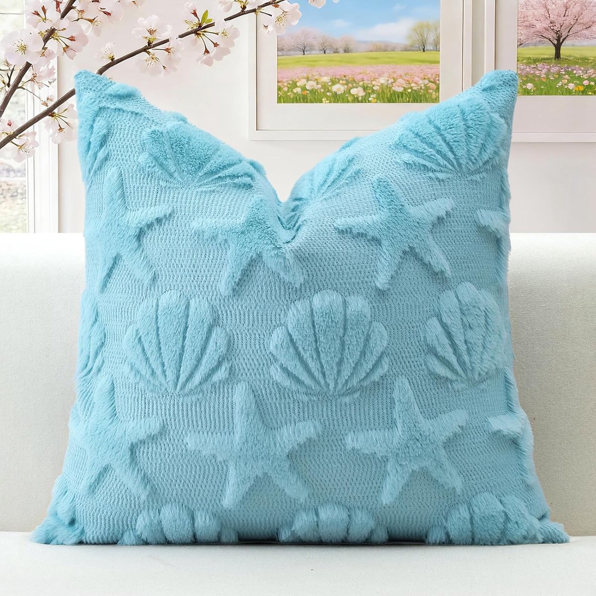 Set van 1 wol, voorjaar zomer, zacht, pluche, kort wolfluweel, decoratieve kussenhoezen, zeesterren, schelpen, kussenovertrek, vakantie, bankkussen, voor bank, slaapkamer, lichtblauw, 40 x 40