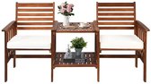 RosaBloom Tuinset - Tete A Tete - Buitenbank met Tafel - Inclusief Kussens - Met Parasolgat - Duurzaam Acaciahout - 165x65x88 cm - Bruin