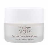 Witte pot met 'mellow NOIR Neck & Décolleté Cream Pure & Clean mit Kaffeeöl' opdruk.