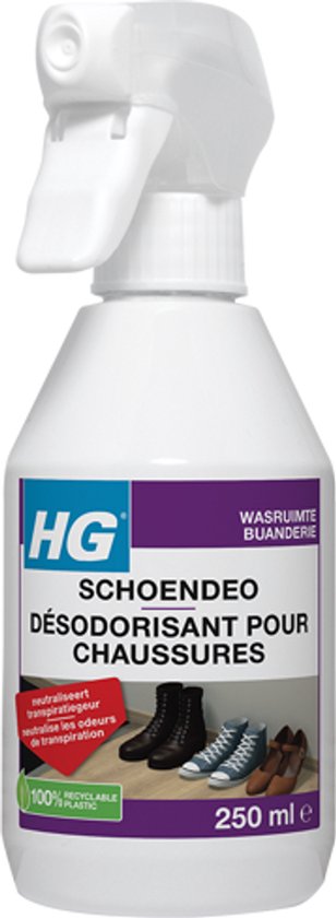 Witte sprayflacon met paars etiket en foto van schoenen. HG Schoendéo 250 ml.
