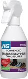 Witte sprayflacon met paars etiket en foto van schoenen. HG Schoendéo 250 ml.