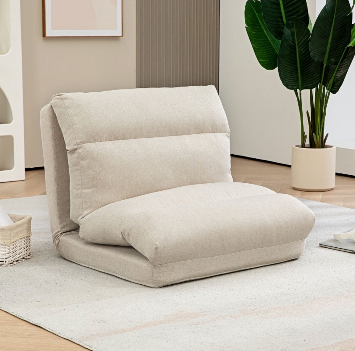 MIVRAY Bodemstoel 70 X 72 X 56 Cm - Verstelbare Rugleuning Met 6 Standen - Voor Zitten En Liggen - Polyester - Beige