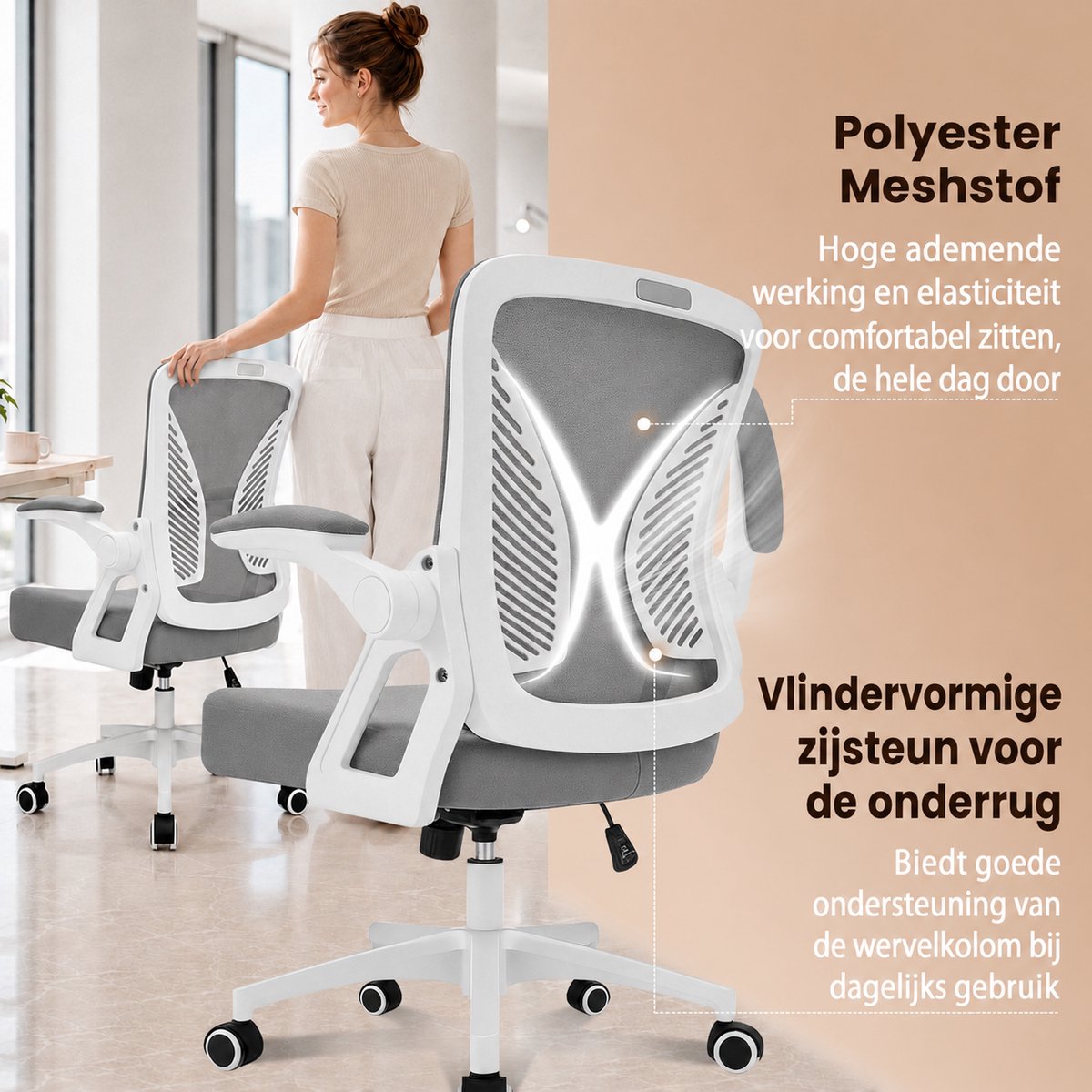 Milacyee Bureaustoel - Ergonomische Bureaustoel – Verstelbare Gaming/Computerstoel met Mesh Rug & Lendensteun – 90° Opklapbare Armleuningen – Directiestoel met Stille Wieltjes – Tot 130 kg Belasting - Grijs - Geschikt voor thuiswerk en kantoor – foto 3