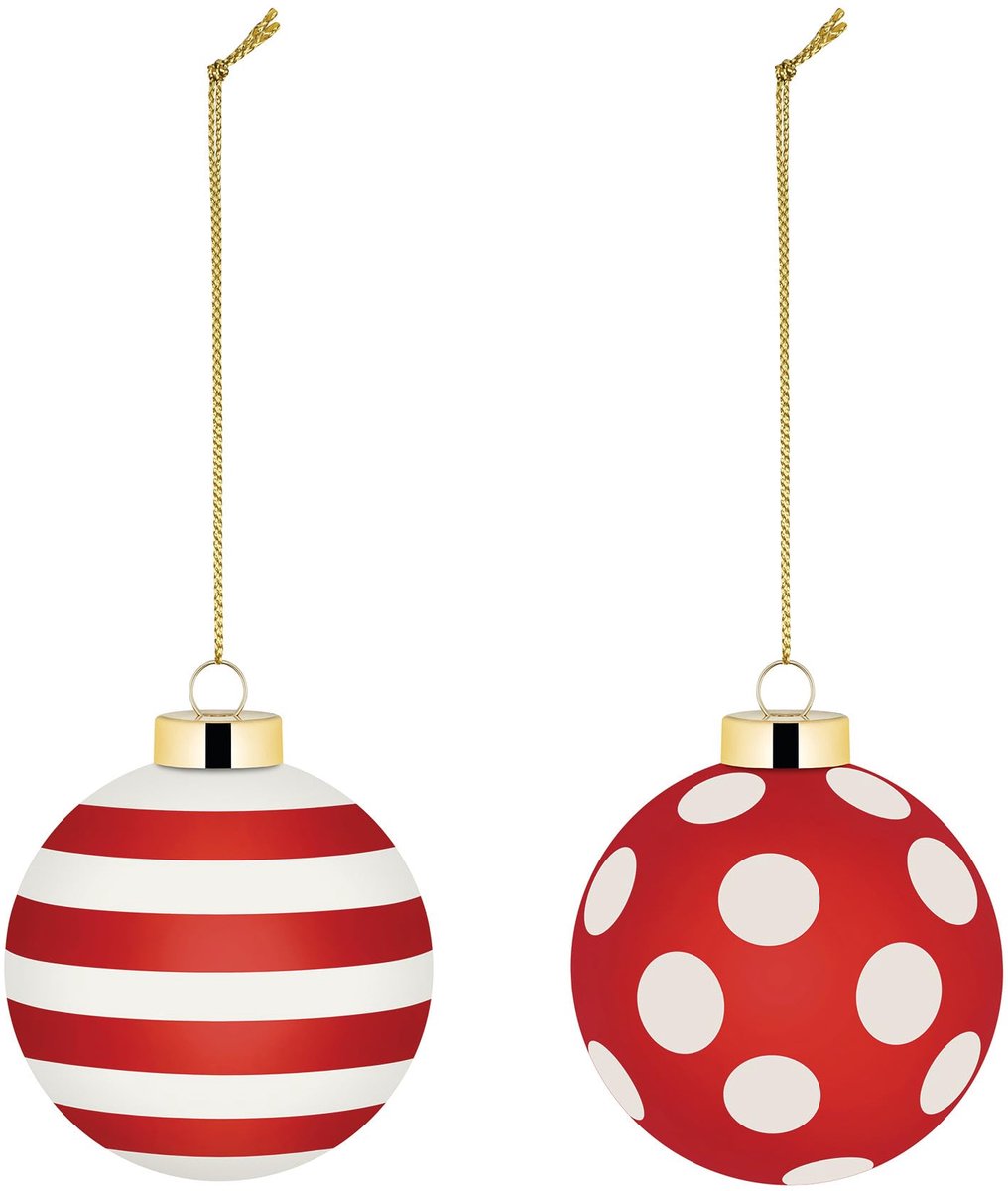 Kerstballen, mondgeblazen, diameter 6 cm, rood, wit, goud, 2 stuks