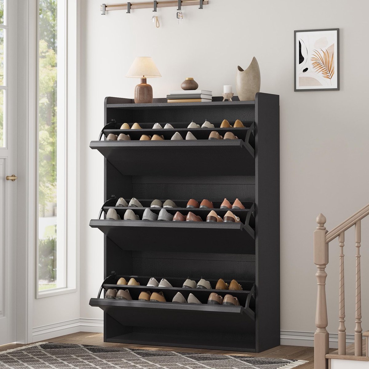 Hoge Schoenenkast 3 Kleppen Voor 18-24 Paar Schoenen - 80x26x117cm - Schoenenrek Smal - Schoenenmeubel Hout - Verstelbare Planken - Minimalistisch - Ruimtebesparend - Voor Hal Woonkamer - Zwart