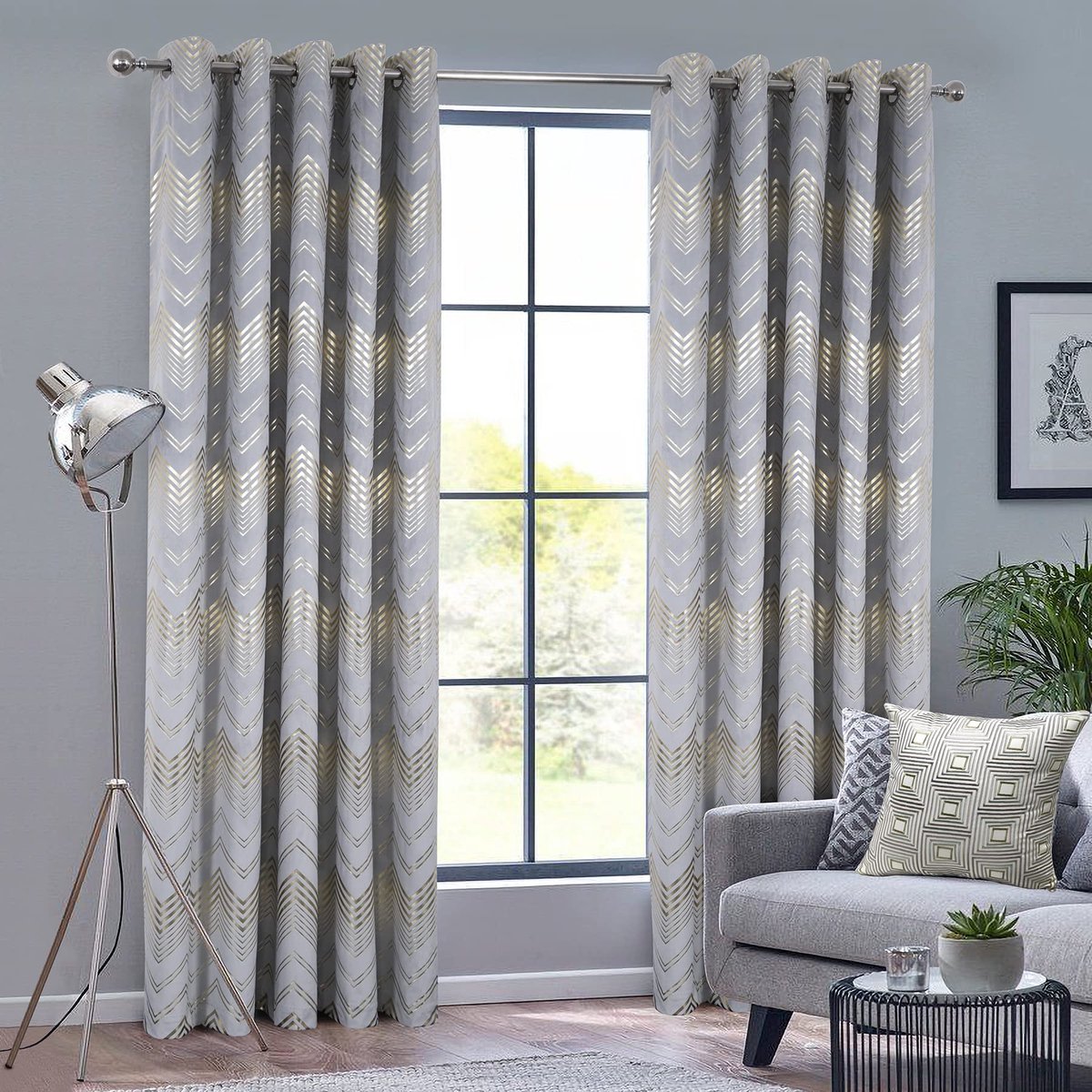 Gordijn, 100% ondoorzichtig, velours gordijnen met goudkleurige lijnen, dubbele thermische gordijnen met ringen, gordijnen voor woonkamer, slaapkamer, keuken, elegant, modern, zilverkleurig