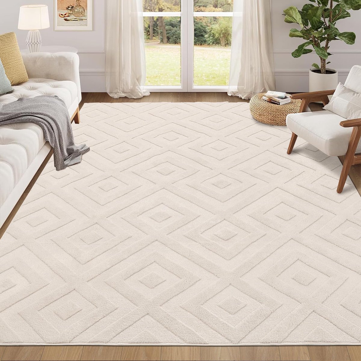 Vloerkleed, grote zachte geometrische tapijten voor slaapkamer, modern design crème tapijten woonkamer antislip tapijt, vlekbestendige mat voor keuken, eetkamer, lounge (crème