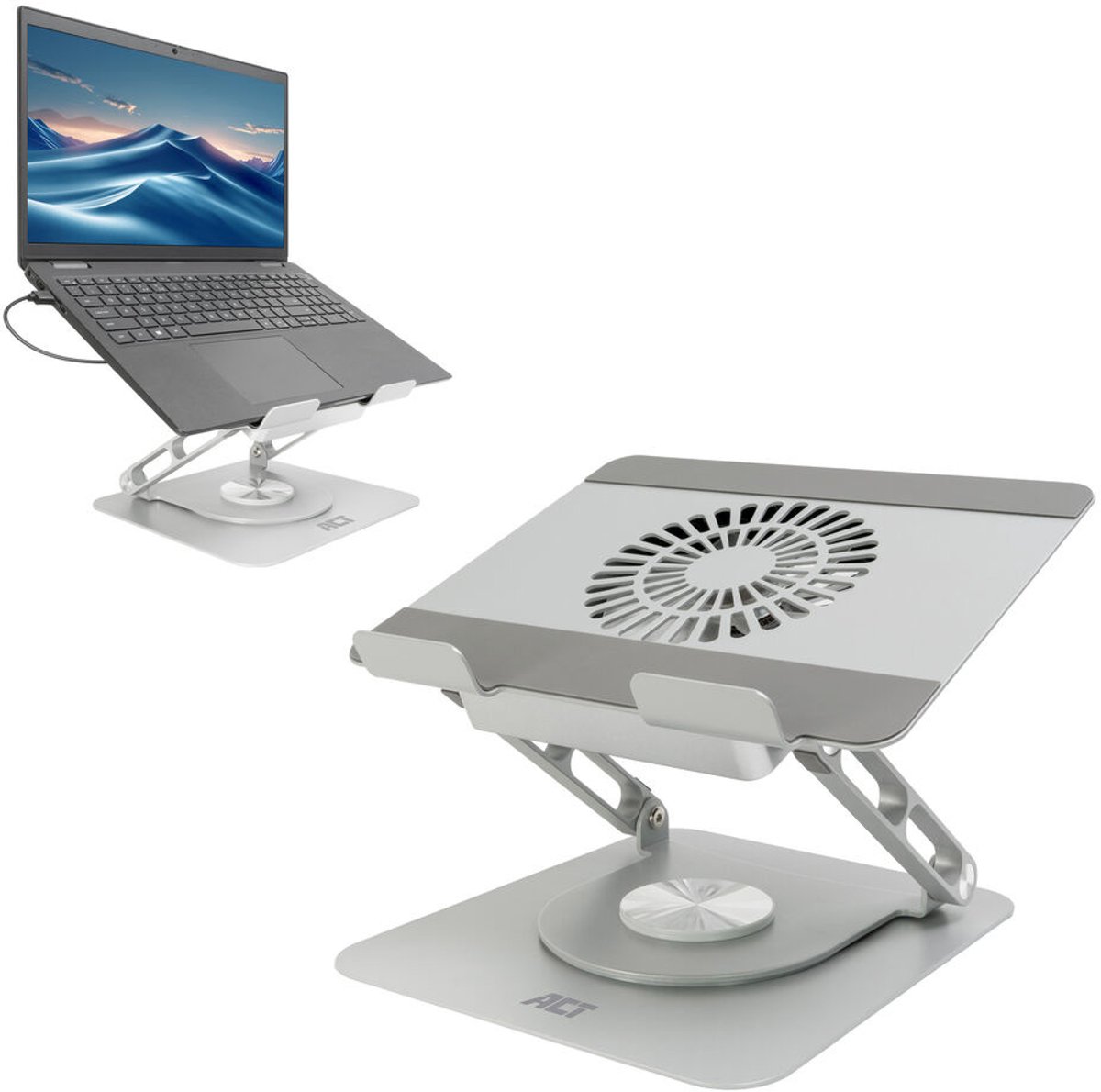 ACT Laptopstandaard 360° draaibaar, met ventilator, traploos in hoogte verstelbaar AC8106