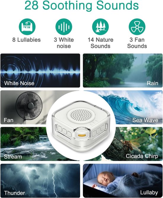 Witte ruismachine, witte ruis met inslaaphulp met 28 geluiden en ruisdetectie, dimbaar en routekaart, draagbare geluidsmachine met Bluetooth voor volwassenen en kinderen — afbeelding 5