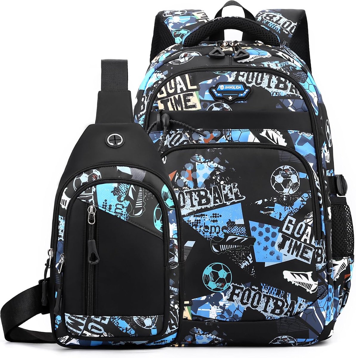 2 Stuks Jongens Voetbal Print Rugzak Set - Grote Inhoud Graffiti Schoolrugzak met Borsttas - Waterafstotende Laptop Boektas voor Tiener Jongens Middelbare School Terug naar School Reizen