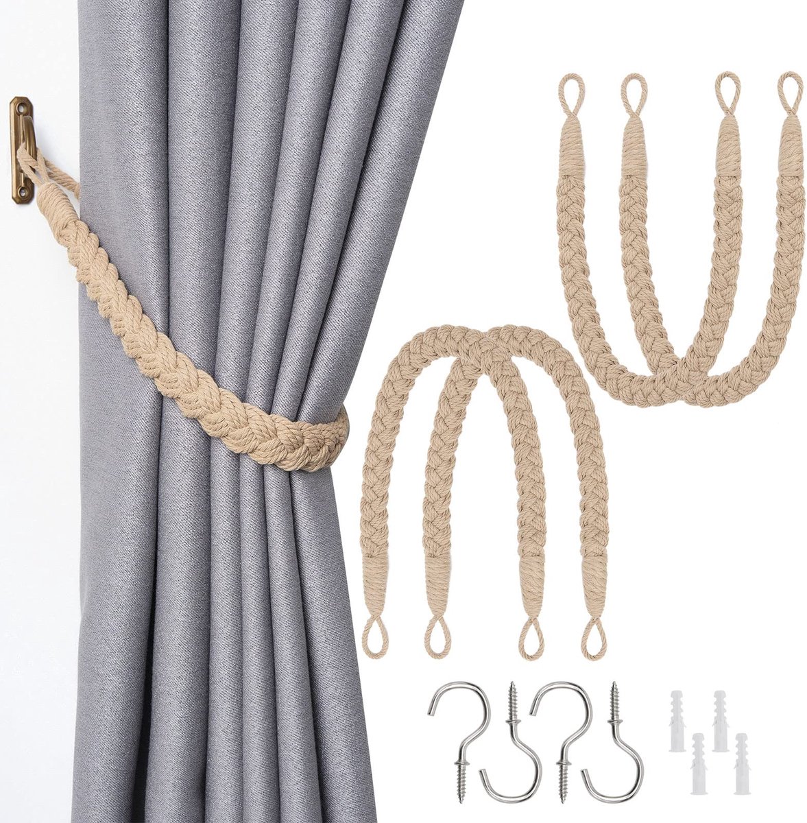 Jolly Set van 4 natuurlijk katoenen touwgordijn Tiebacks Elegante Boho Stijl Decoratieve Draperie Ruggen Zachte Handgeweven Touw Gordijn Holdbacks met Metalen Haak voor Thuis & Kantoor Draperie